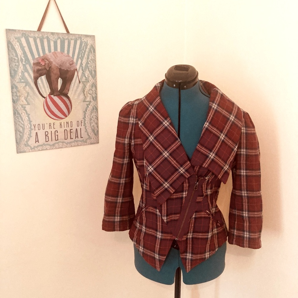 Asymmetric dark brick red plaid blazer from juicy couture